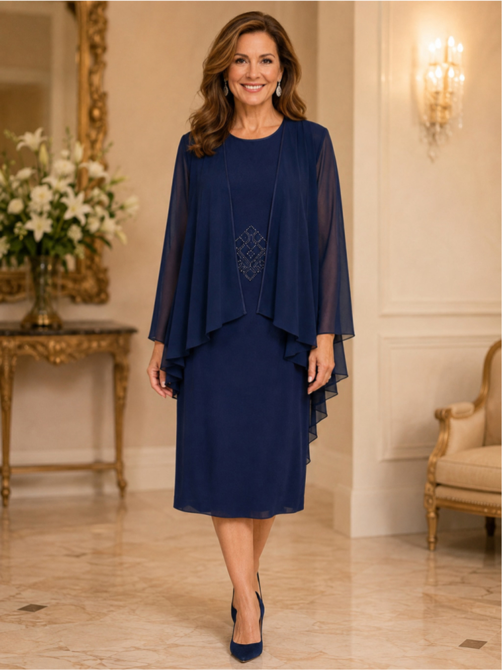 Navy Beaded Appliqué Evening Dress with Attached Overlay – Size 12 – NWT